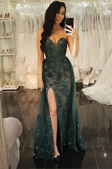 Unique Mermaid Sweetheart Dark Green Lace Split Prom Dresses,Two Piece Prom Dresses HZ1023